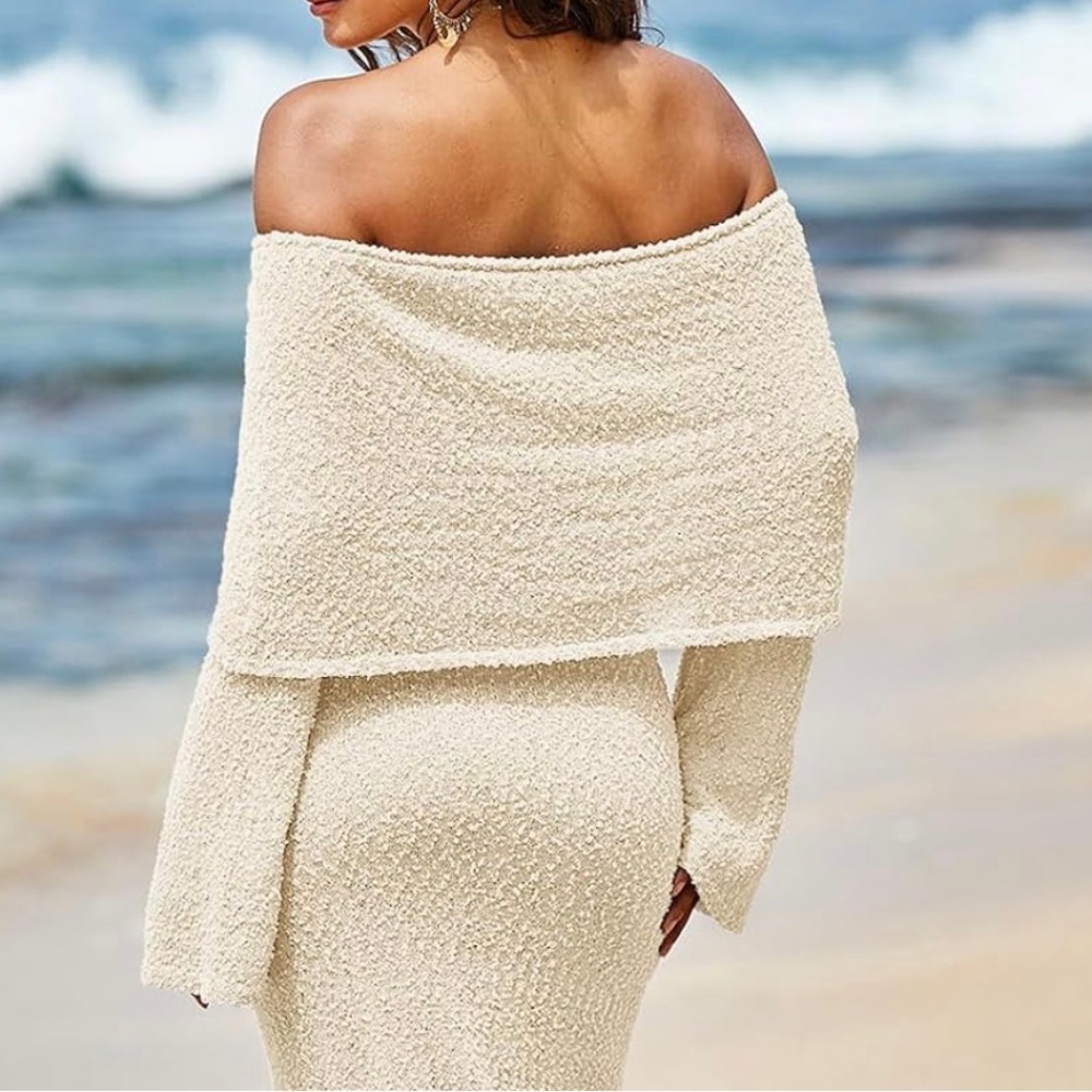 Ivory Knit Off Shoulder Boucle Maxi Dress Size Large New - Picture 2 of 8